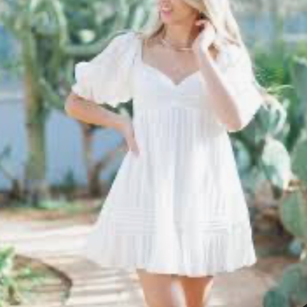 Mable puff sleeves Babydoll white dress plaid smocked back ruffle hem cotton S - Picture 2 of 8
